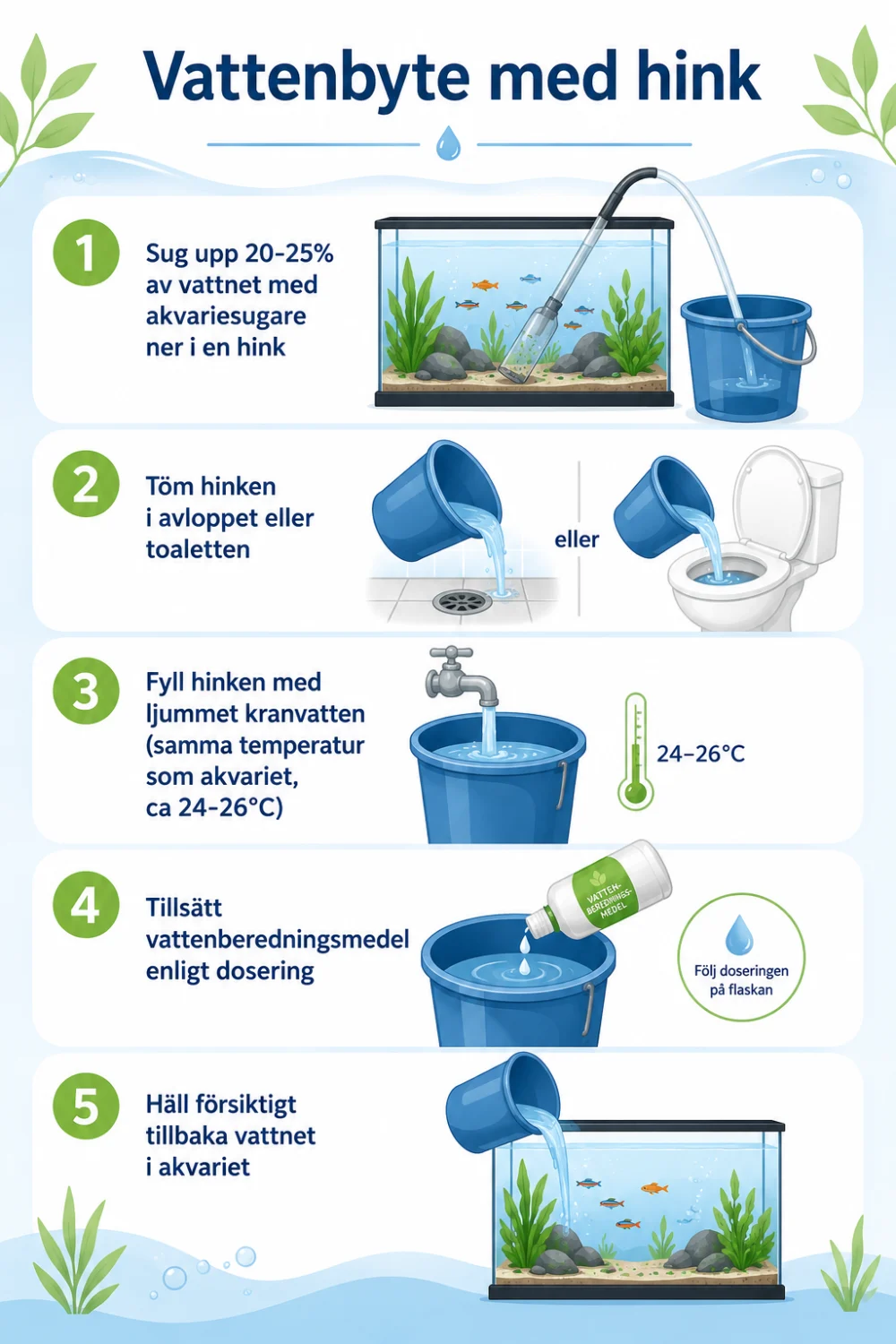 Vattenbyte med hink - infographic steg för steg
